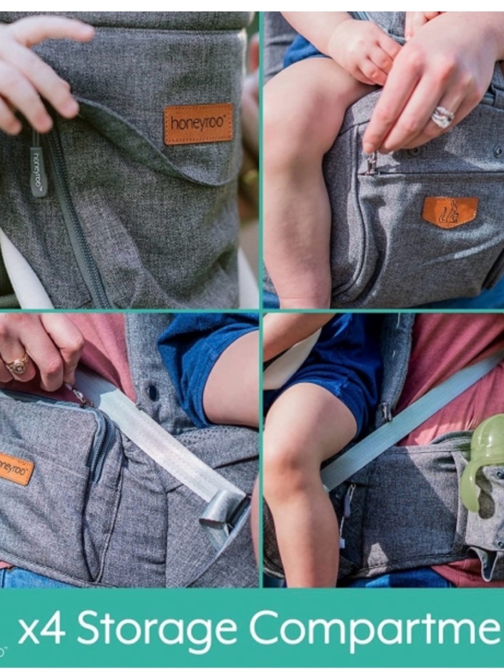 Honeyroo Grey Kids Hip Seat Carrier with Multiple Pockets